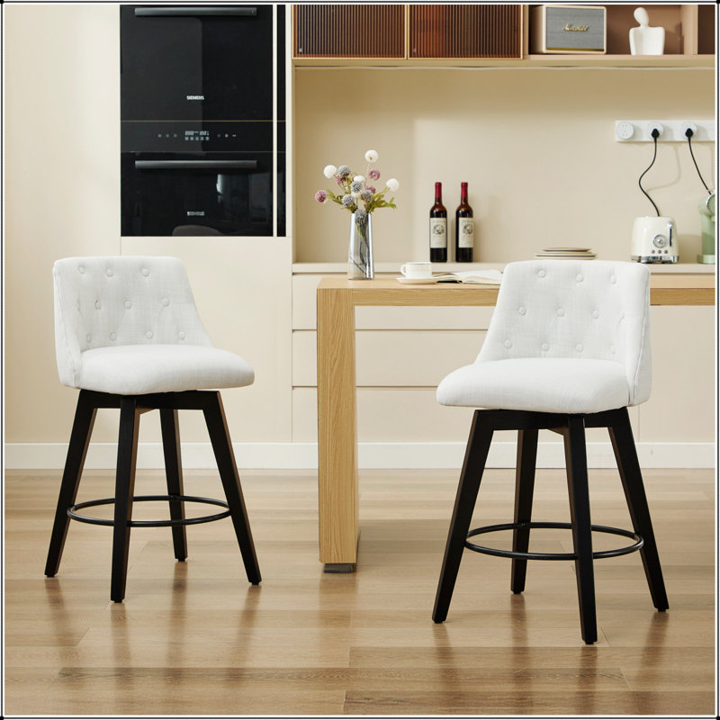 Chaises de comptoir pivotantes, tissu de lin moderne avec dossier capitonné, tabourets de bar élégants, ensemble de 2 pour bar, îlot de cuisine, salle à manger, blanc