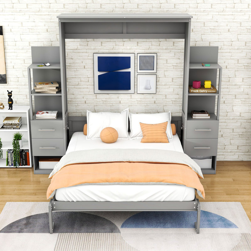 Lit escamotable 4 tiroirs avec tablettes et éclairage DEL, conception pliable peu encombrante, Grand lit, Gris