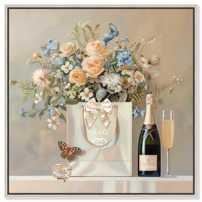 Art floral sur toile, bijoux et arc, H 21 po x l 21 po, Cadre argenté