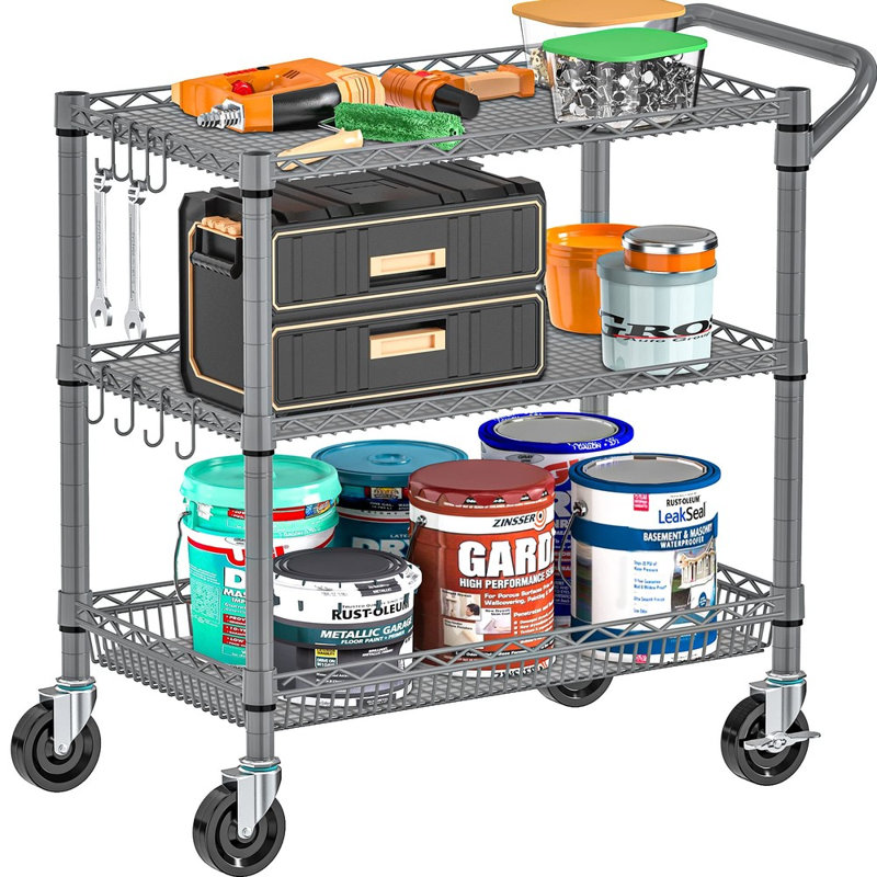3-Tier Commercial-Grade Heavy-Duty Metal Rolling Cart — Storage Cart with Handle and Shelf Liners