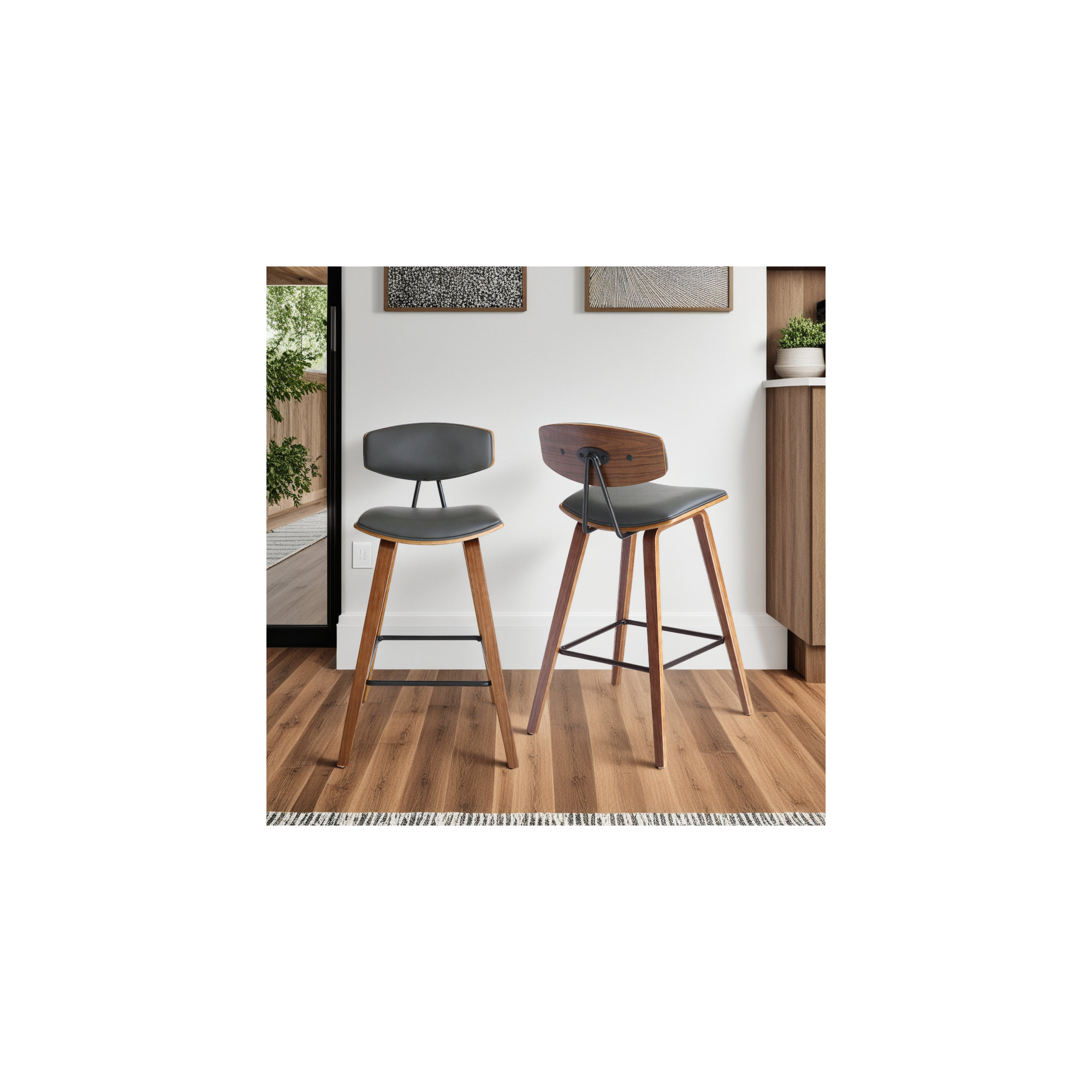 Payton Vegan Leather Bar & Counter Stool, Walnut, Counter Stool (26" Seat Height), Gray Faux Leather