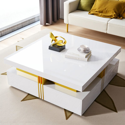Modern Square Storage Coffee Table with 4 Drawers Contemporary Storage Table Cocktail Table Living Room Table