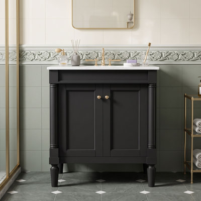 Meuble-lavabo en bois avec lavabo en céramique, tablette et portes à fermeture douce