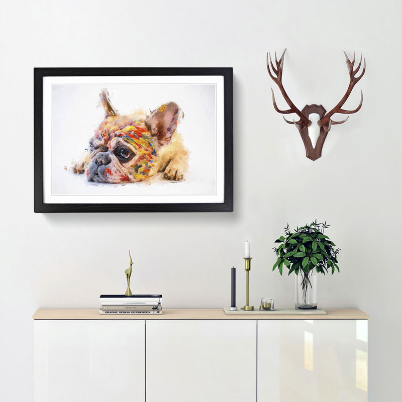 Painted French Bulldog in Abstract - Framed Print, 36cm H x 48cm W x 2cm D, Black Framed