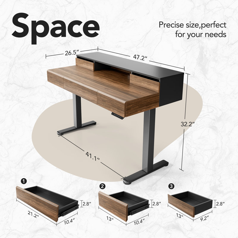 Electric Adjustable Standing Desk, Computer Desk With 5 Drawers & Monitor Riser, Walnut/Black