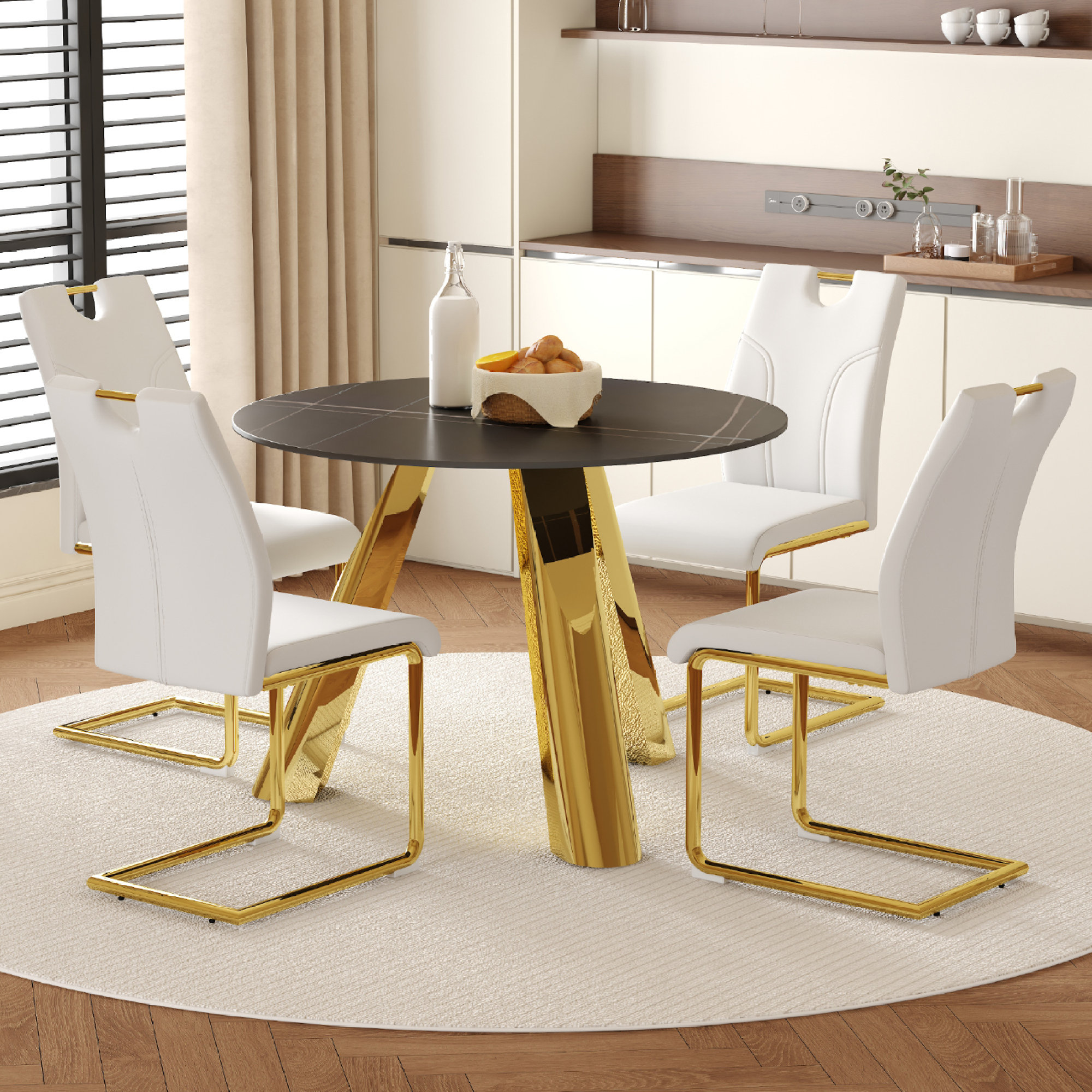Mercer41 Elegant Round Dining Table Set With Sintered Stone Top And ...