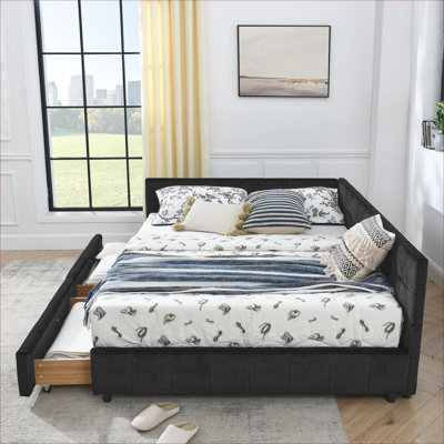 Deep Black Velvet Tufted Queen Size Platform Bed, Upholstered Multi-Use Bed Frame for Bedroom and Living Room