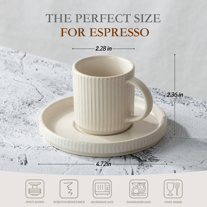  Stoneware 3oz Espresso Cup & Saucer Set (Set of 4), Matte White