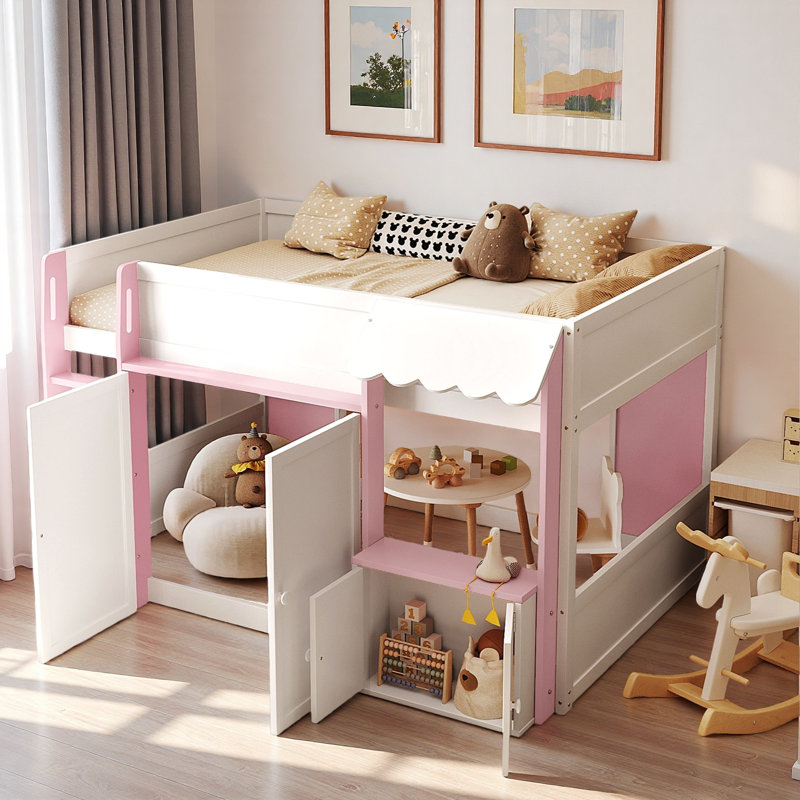 Lit mezzanine moderne avec maisonnette et rangement, Rose
