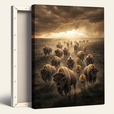 Ensemble de 1 tableau sur toile représentant un troupeau de bisons