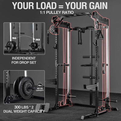 Mikolo Power Cage, 2000 lb Capacity, Independent Dual Pulley System And Cable Crossover For Home Gym