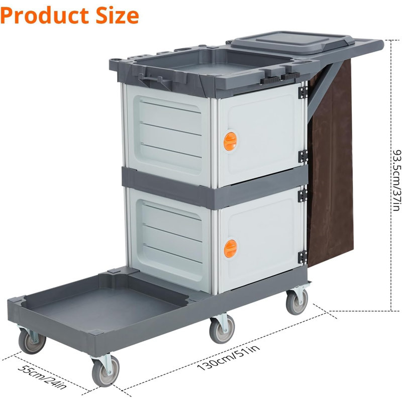 Janitorial Cart With 2 Cabinet, Commercial Traditional Janitorial 3-Shelf Cleaning Cart On Wheels