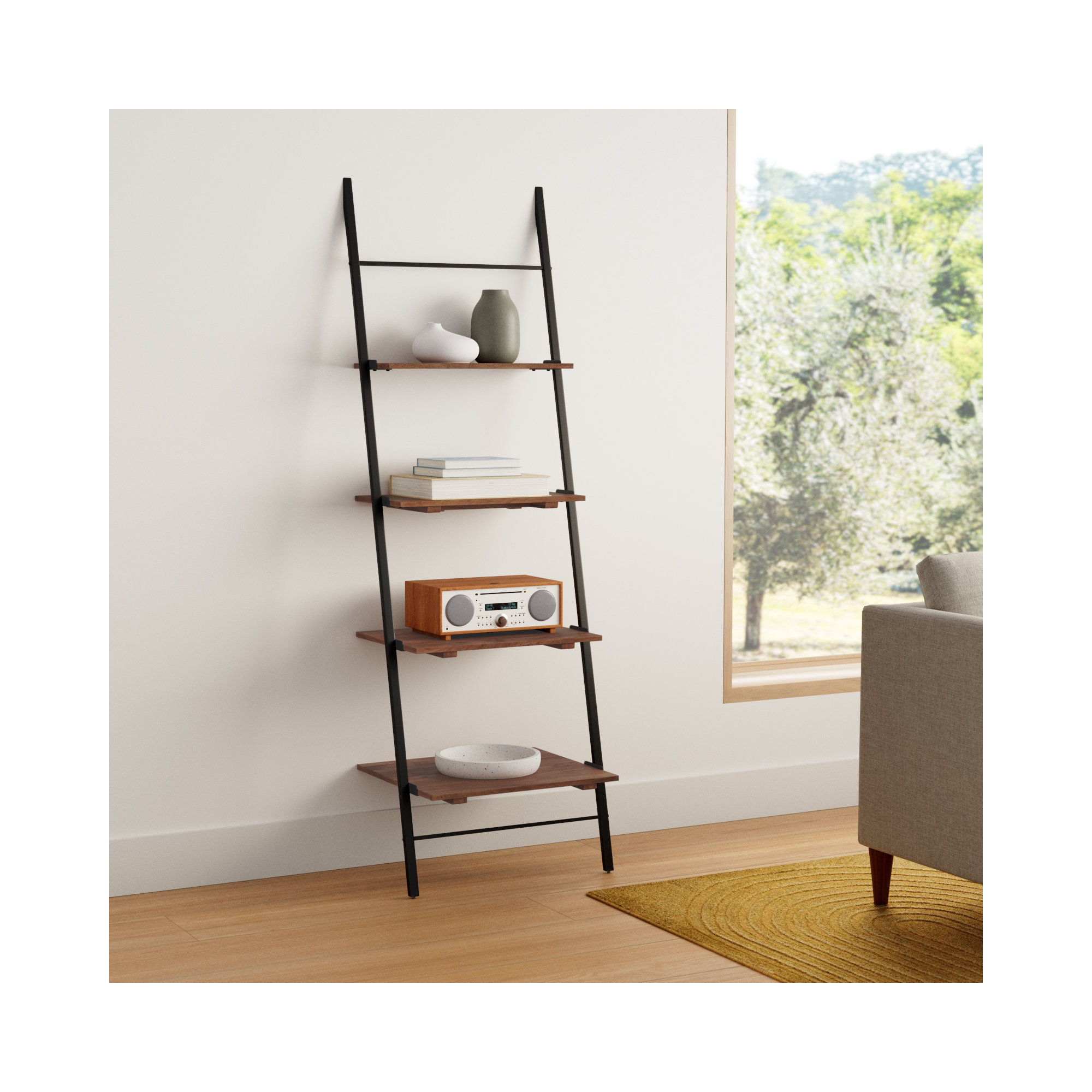 Innes Narrow Ladder Bookcase, Walnut, (4 Shelves) 74" H x 24" W x 18" D