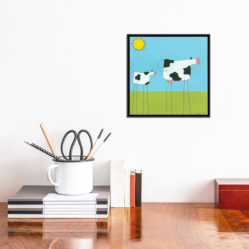 «Stick-Leg Series» Cow I », reproduction sur toile, H 18 po x l 18 po x P 1,5 po, Toile avec cadre noir, Pas de tapis