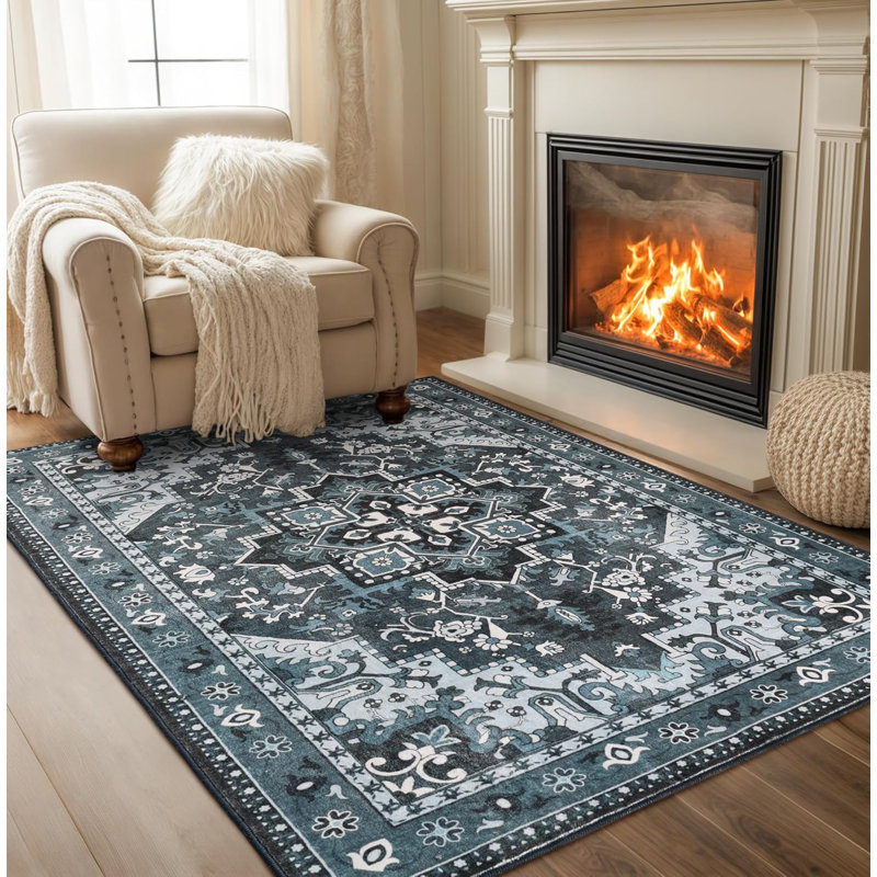 6'X9' Washable Area Rug with Non-Slip Rubber Backing Blue, Rectangle 6' x 9', Navy Blue