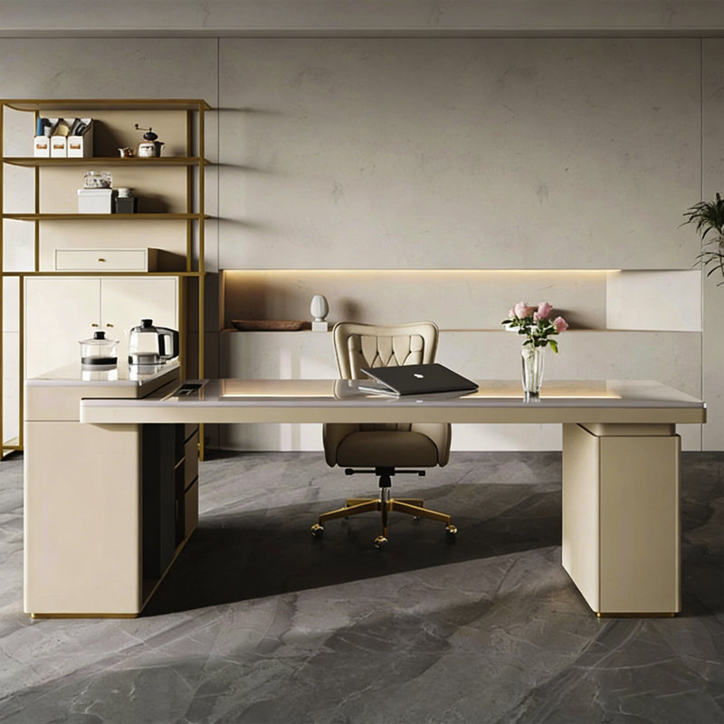 Modern Light Luxury L-Shaped Bright Glossy Rock Slab Desk with High-Grade Leather Accents, Multi-Functional Side Cabinet & Built-in Tea Table