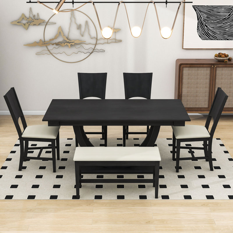 Burg 6 - Piece Pedestal Dining Set, Kitchen Table Set with Bench and 4 Dining Chairs, Gray