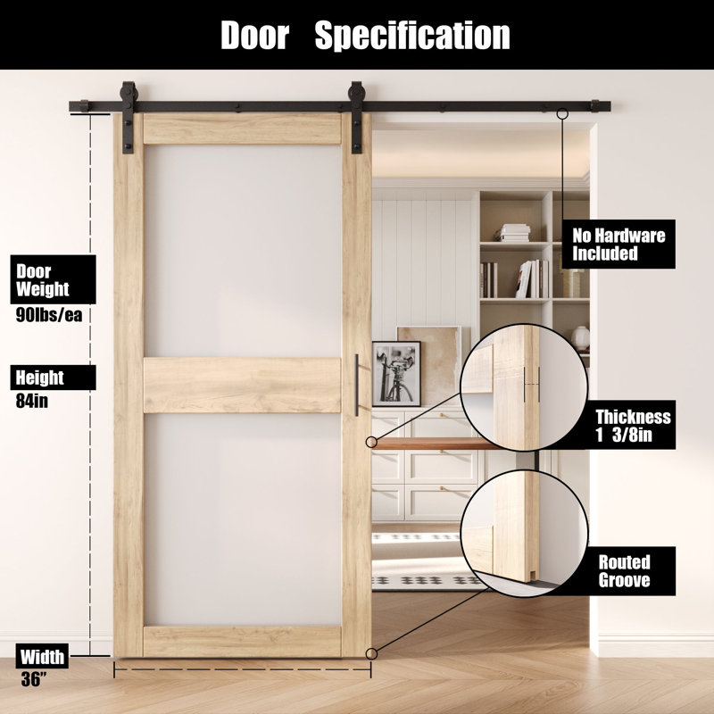 Porte de grange coulissante en bois massif non assemblé 36 x 84, 36 po x 84 po