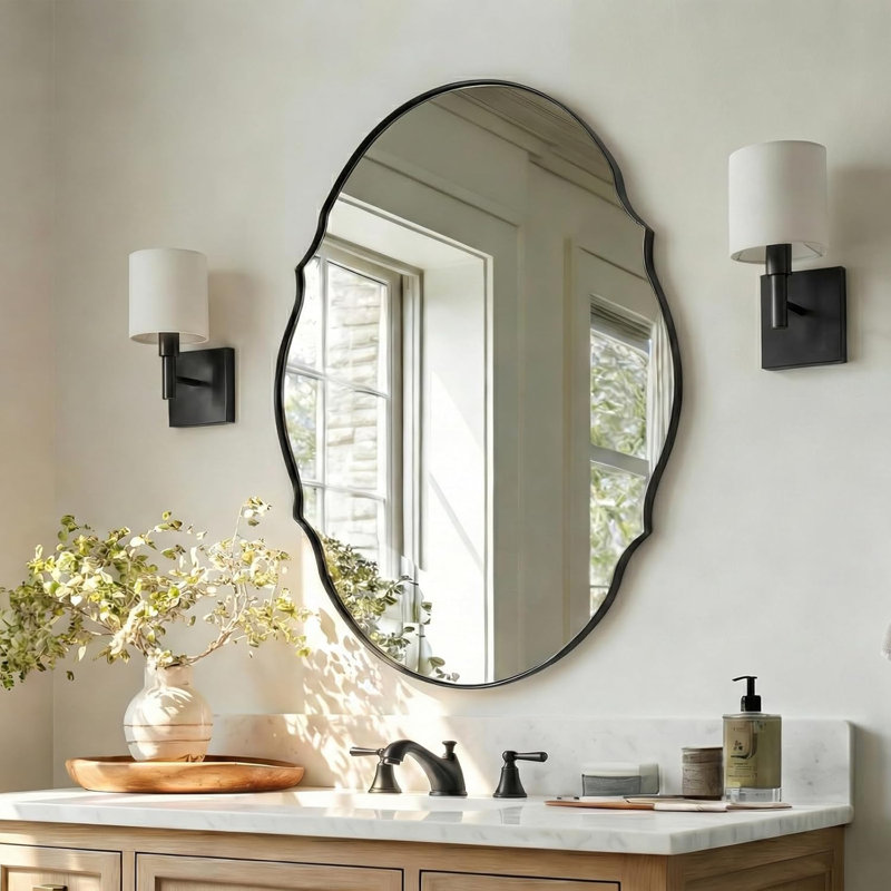 Contemporary Oval Scalloped Wall Mirror Irregular Bathroom Vanity Mirror | Stainless Steel Frame, Matte Black, 40" x 30"