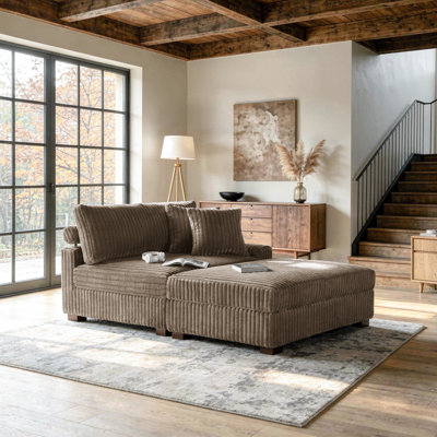 Upholstered Light Brown Faux Rabbit Fur Flannel  Modular  Chaise Lounge with Armrests & Throw Pillows