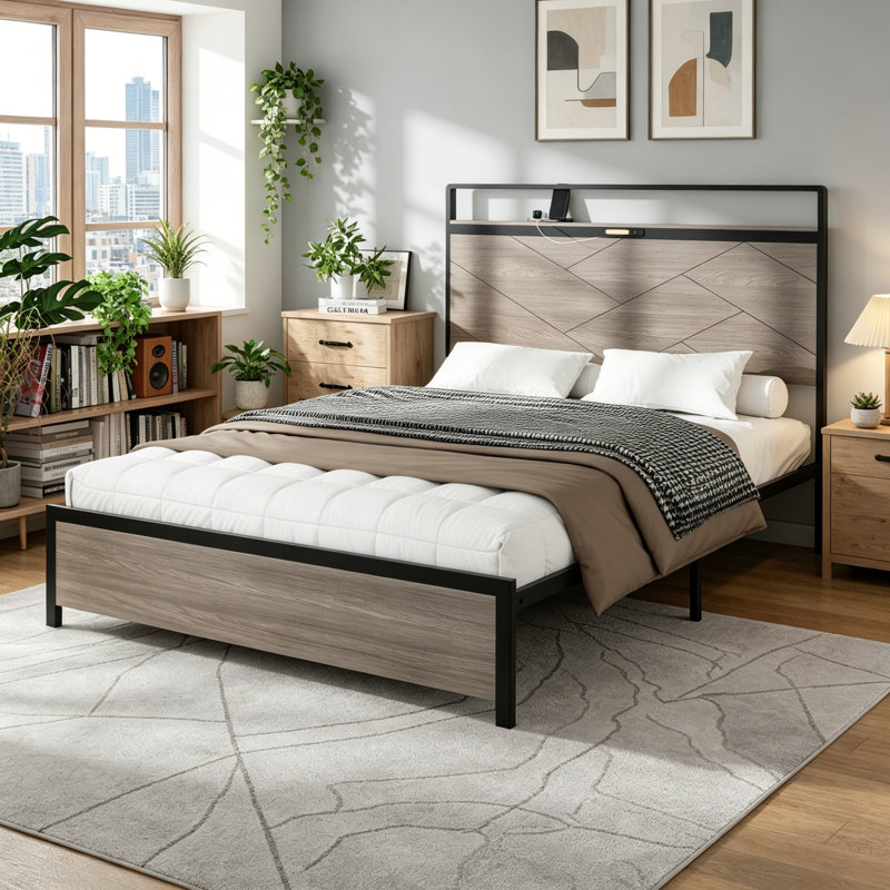 Bed frame full size, wooden platform bed frame with storage LED light headboard and 2 USB, no noise, no spring mattress required and simple assembly tools, large underbed storage, Antique Grey 