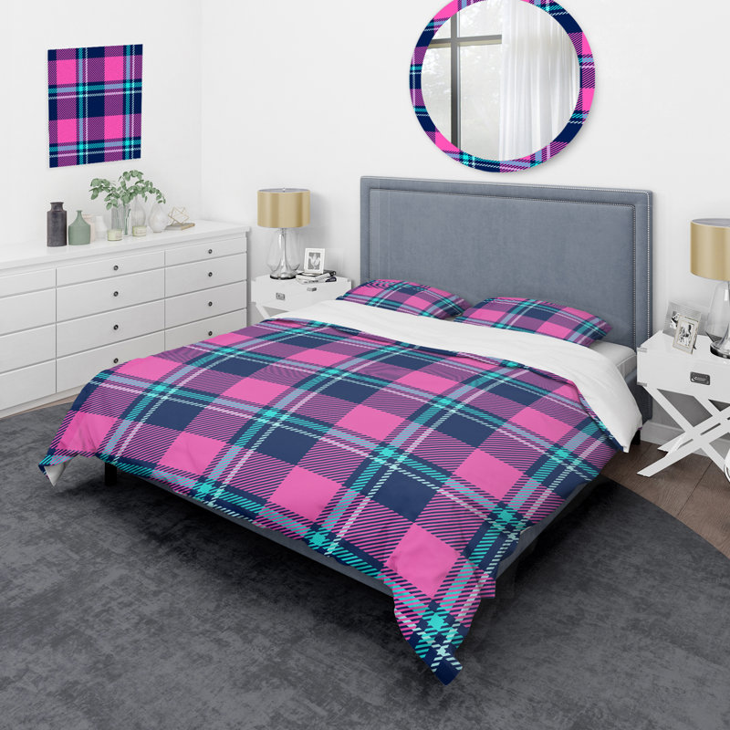 Pink Checked Tartan - Abstract Duvet Cover Set - Microfiber Polyester, King Duvet Cover + 2 King Shams