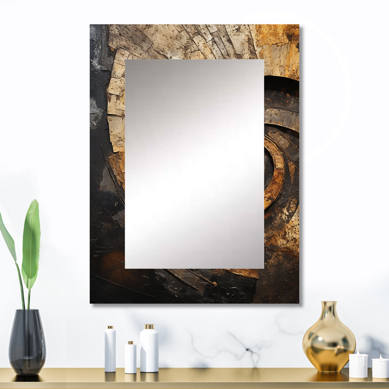 Gold Black Timeless Turn I - Abstract Spirals Large Mirror, Modern Unique Wall Mirror Decor, Printed Metal Art, 32" x 24"