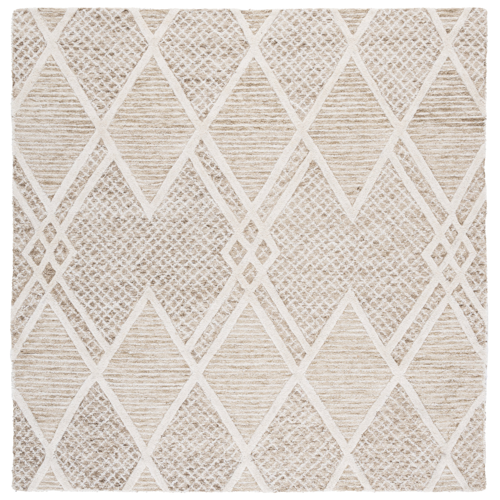 Beige Ivory Hand-Tufted Wool Geometric Rug, Square 6'