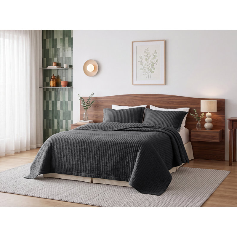 Ensemble de literie courtepointe légère et légère, Velours côtelé noir, King Quilt + 2 King Pillow Sham