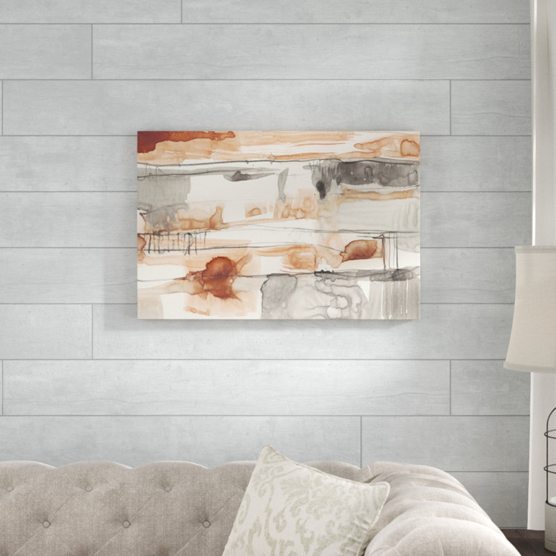 «Terra Cotta Lines II», peinture sur toile, H 20 po x l 30 po, Oui, Papier avec cadre simple argenté