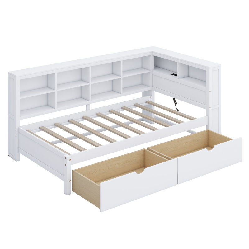 Wooden Daybed With Drawers,Storage Shelf And USB Charging Ports, Twin, White