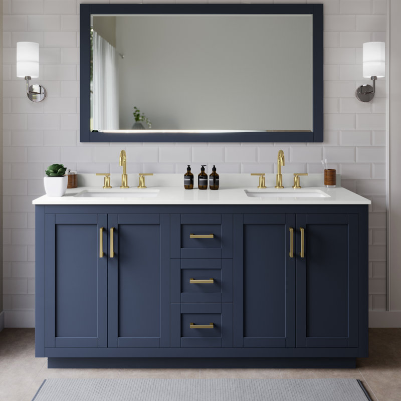 Miranda 66" Freestanding Double Bathroom Vanity with Quartz Top, Dark Blue, White Quartz, Brushed Gold