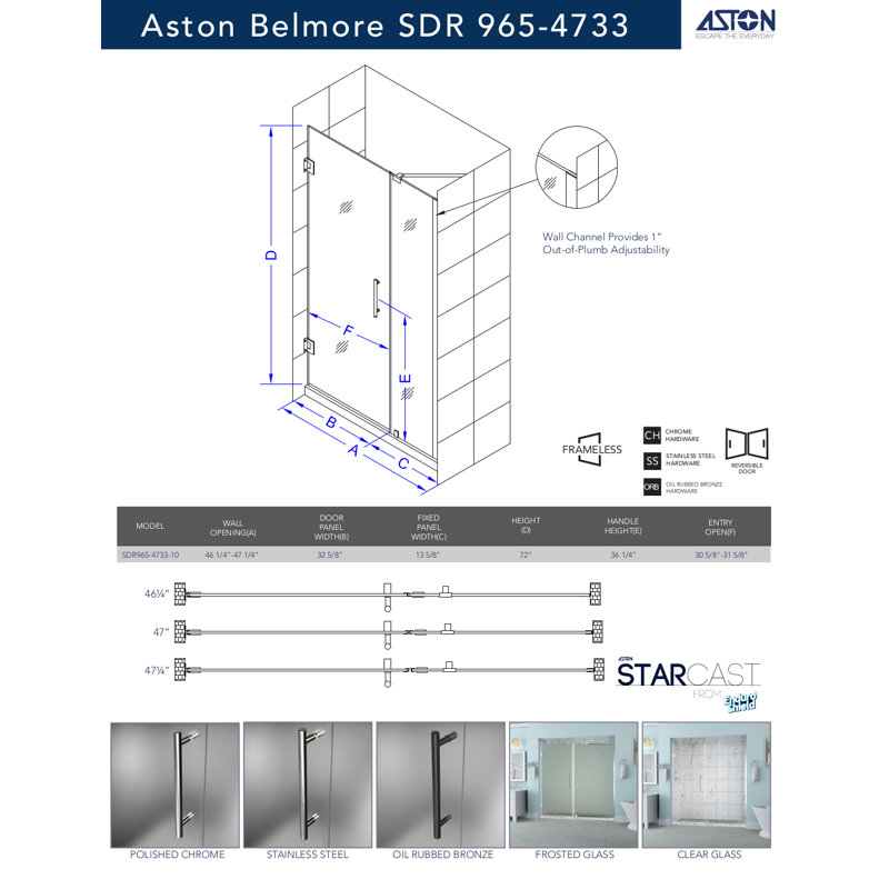 Belmore 47 x 72 Hinged Frameless Shower Door, Clear, Matte Black