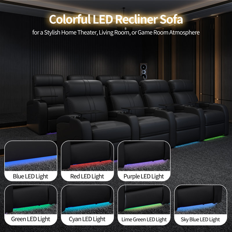 Fauteuil de cinéma maison Mizpah en cuir véritable, inclinable électriquement, avec éclairage d'ambiance DEL et confort zéro gravité