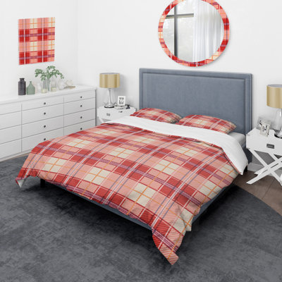 Tartan à carreaux rouge et crème - Ensemble de housse de couette abstrait - Microfibre de polyester