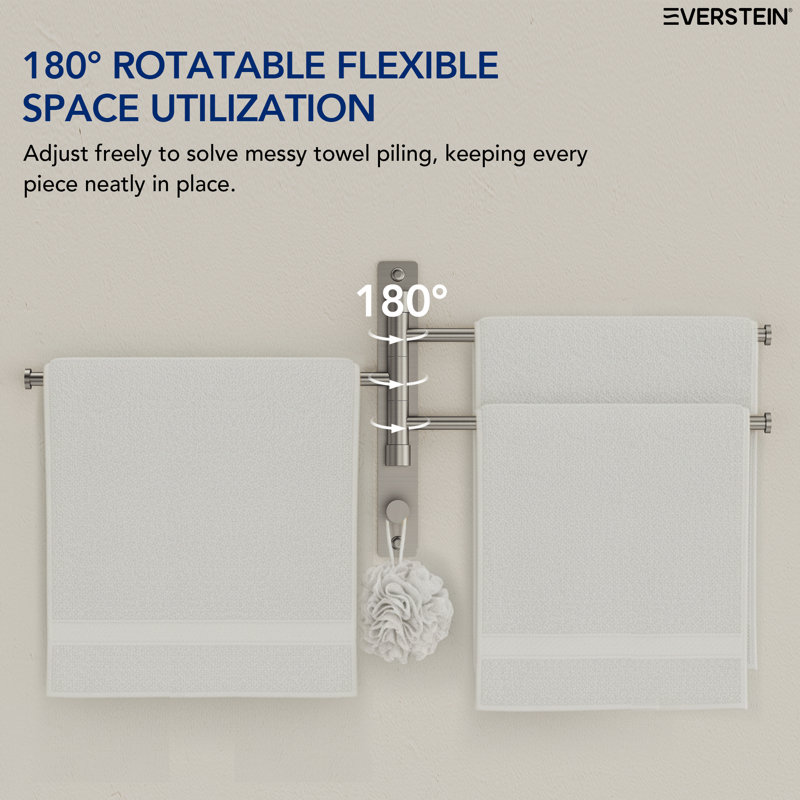 Wall-Mount Swivel Towel Bar With Hooks, Brushed Nickel