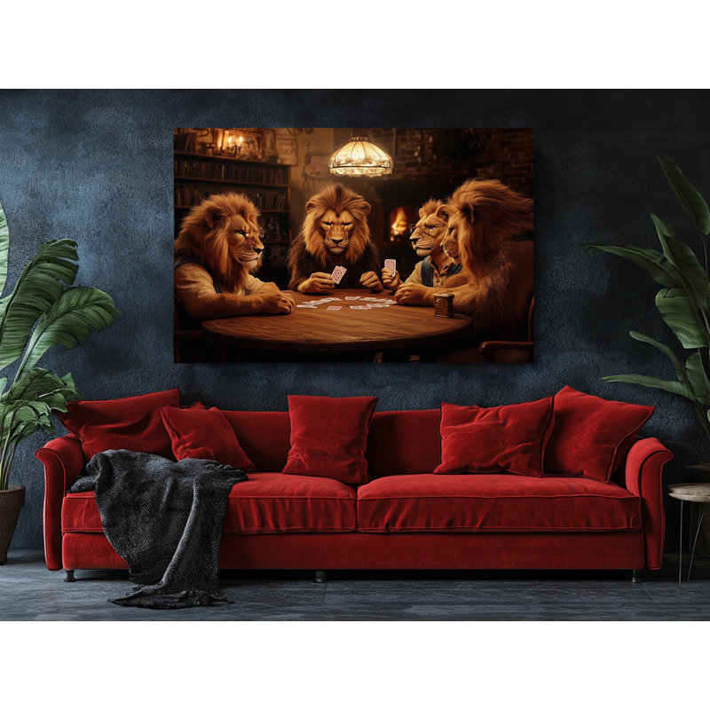 Reproduction d'art sur toile de haute qualité «Lions jouer aux cartes» - Art mural - Cadeau - décoration murale, reproduction d'art