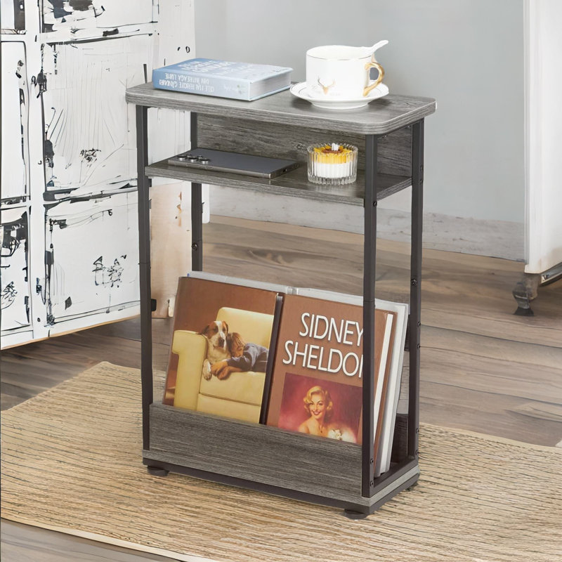 Industrial Rustic 3 Tier Side Table With Magazine Rack, Grey