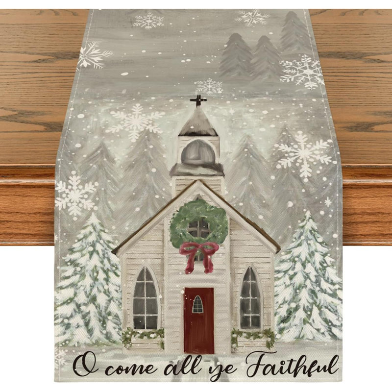 Church Xmas Trees Snowflakes Merry Christmas Table Runner, Seasonal Winter Kitchen Dining Table Decoration For Home Party Decor