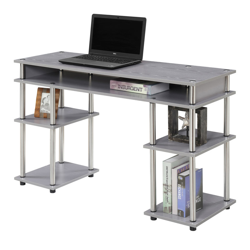 Edwin No Tools Writing Desk with Shelves, Gray/Silver Poles