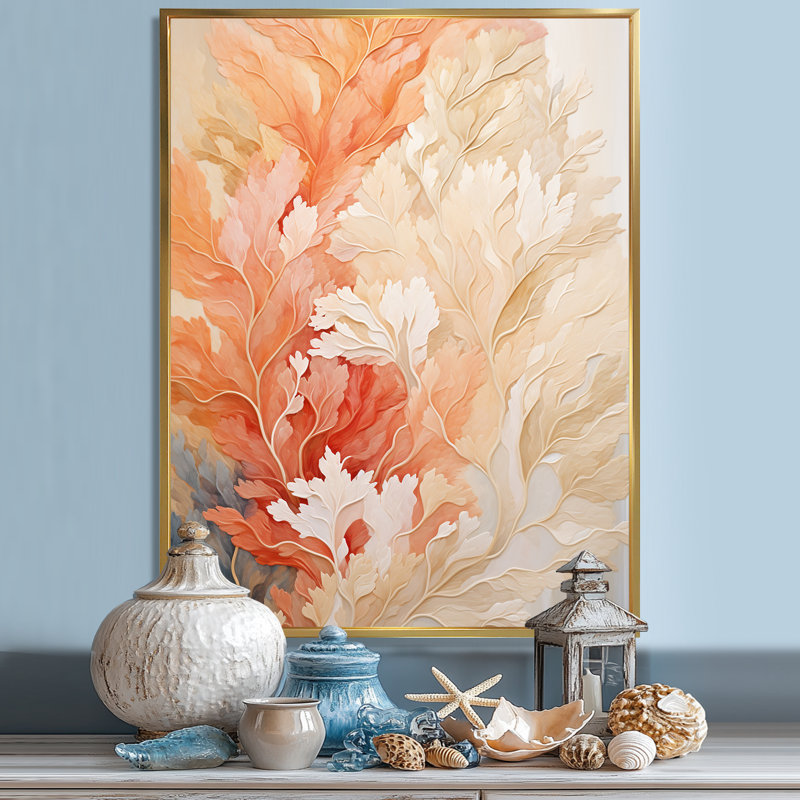 «Pink and White Coastal Coral Collage VI», reproduction sur toile, 40" H x 30" W, Cadre flottant blanc