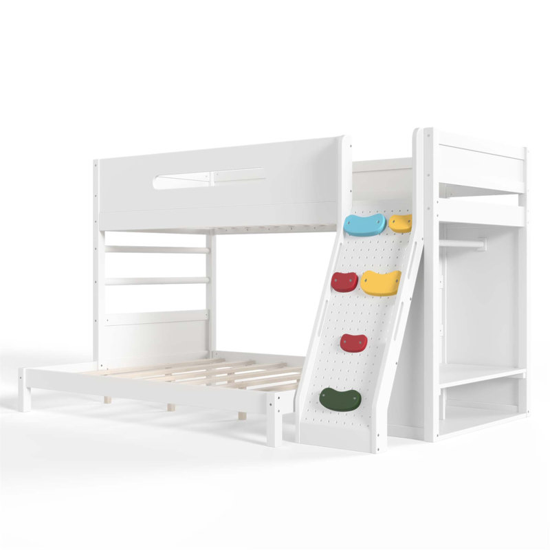 Lit simple superposé au-dessus de grand lit simple avec garde-robe intégrée, rangement et escalade enfantine, fabrication en bois massif (sans matelas)