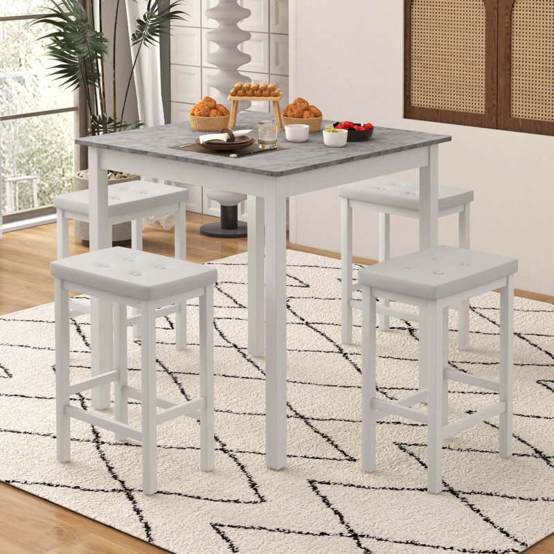 Ebern Designs 5 Pcs Bar Table Set Square Dining Table & 4 Pvc Leather Upholstered Bar Stools, White/Grey