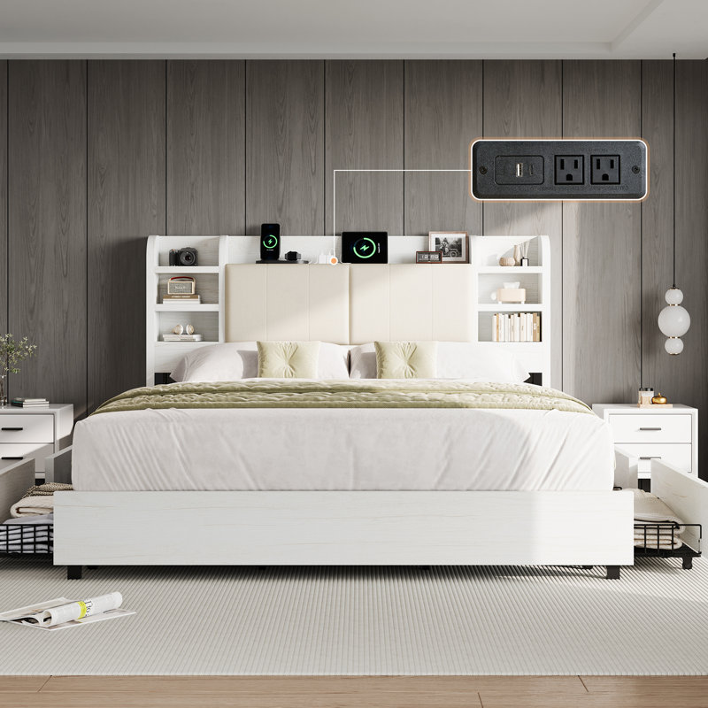Billericay Upholstered Bed Frame With 4 Storage Drawers, Wooden Bed Frame With 47.2" Bookcase Headboard, Platform Bed With Charging Station/no Box Spring Needed,King