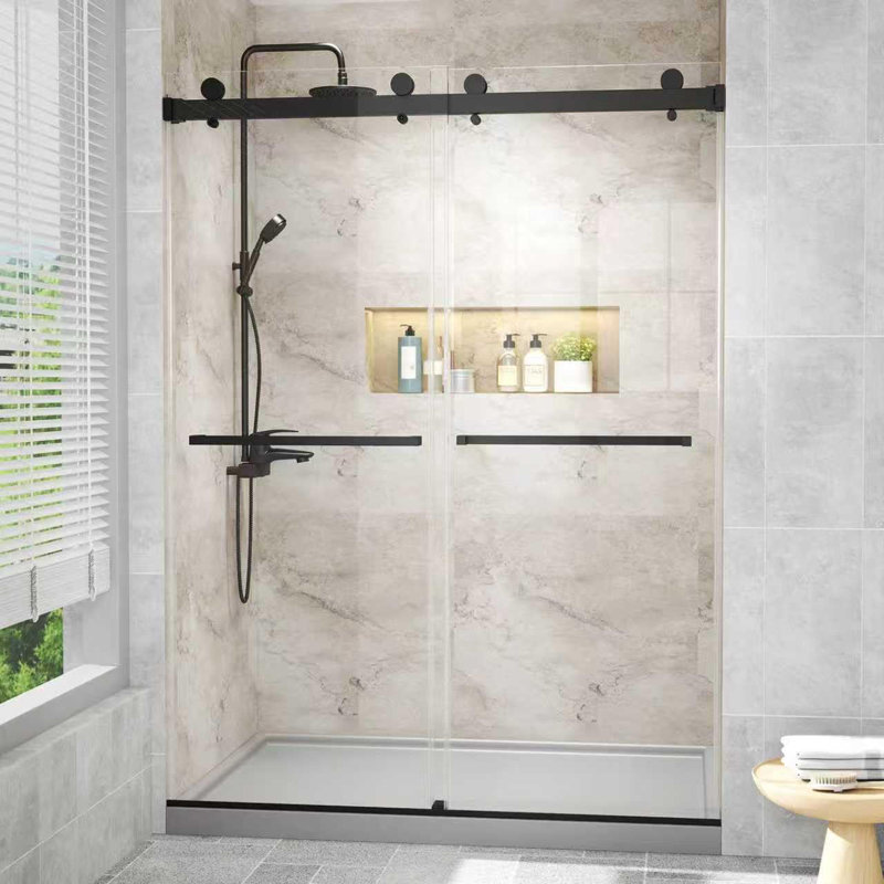 56–60" W x 76" H Frameless Double Sliding Shower Door with 3/8" Tempered Glass, Matte Black, Matte Black