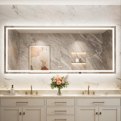 Cardier Front and Backlit Wall Mount Bathroom LED Vanity Mirror with 3-Color Adjustment, Shatterproof, Tempered Glass