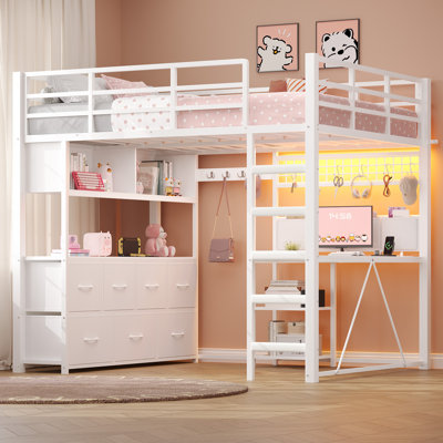 Full Size Loft Bed with 7 Storage Drawers, Large 2-Cube Bookshelf, L Desk & Charging Station, Metal Loft Bed with LED Lights & Open Shelf, Bed with Safety Guardrail & Ladders | 4 in 1 full loft bed