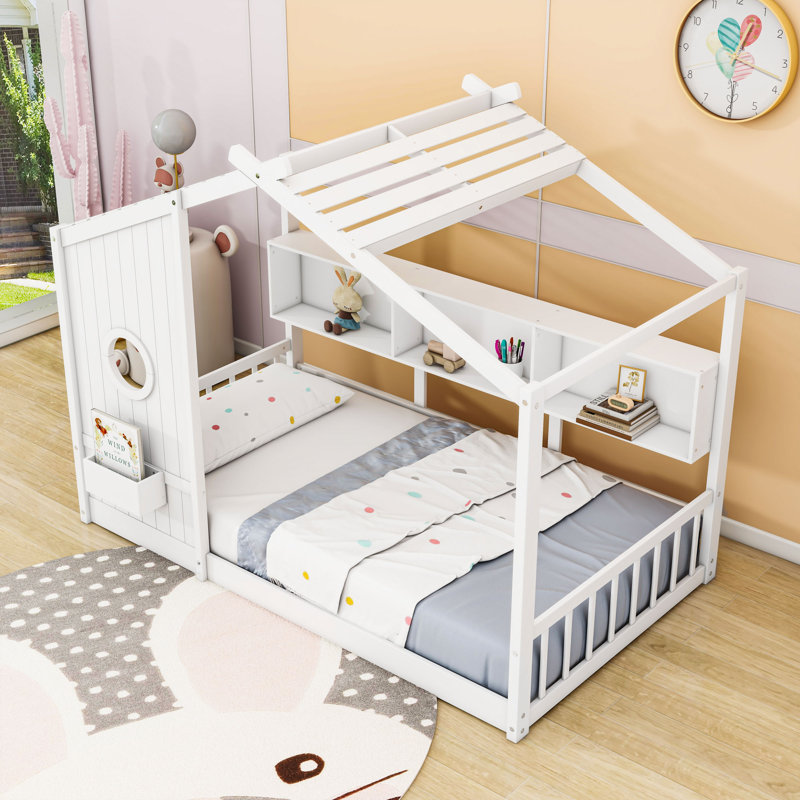 Lit sur pied avec tablette de rangement, Simple, Blanc