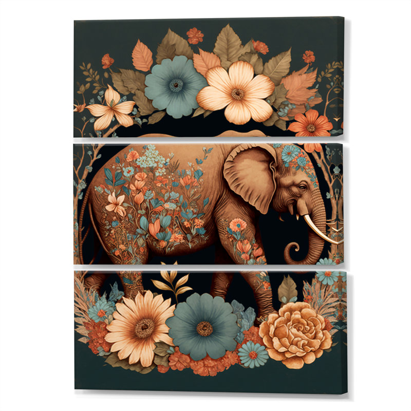 Éléphant rétro entouré de fleurs I - ensemble d'éléphants sur toile, animaux, H 36 po x l 28 po x P 1 po