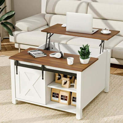Table basse carrée 31,5 po, table basse à plateau relevable blanc pour le salon, tables basses Morden Farmhouse avec rangement caché pour petit salon, chambre à coucher
